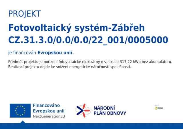 Projekt Fotovoltaický systém Zábřeh CZ.31.3.0/0.0/0.0/22_001/0005000 – financováno Evropskou unií, NextGenerationEU