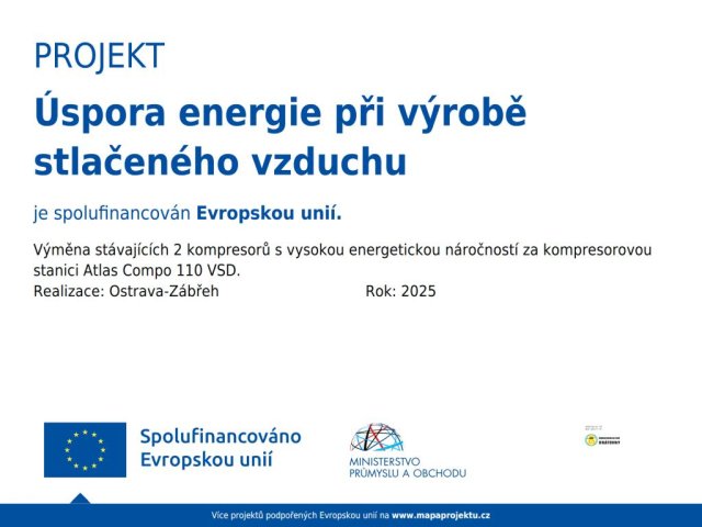 Projekt Úspora energie při výrobě stlačeného vzduchu – spolufinancováno Evropskou unií